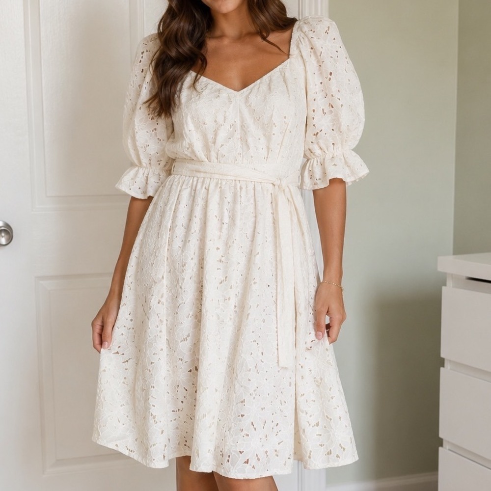 AURA White Eyelet Lace Puff Sleeve Midi Dress Sweetheart Neck XL LWD1691-RD